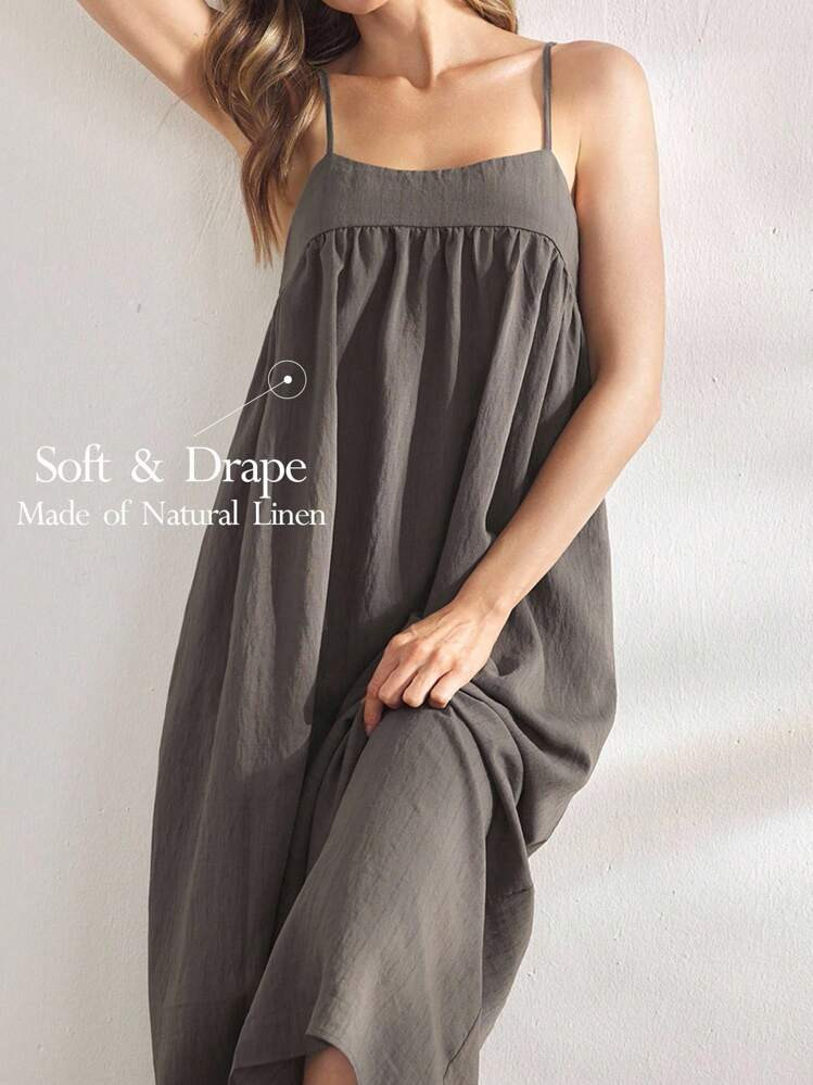 Ocili Leisure Comfortable Natural Linen Striped Slip Dress, Women Homewear | SHEIN