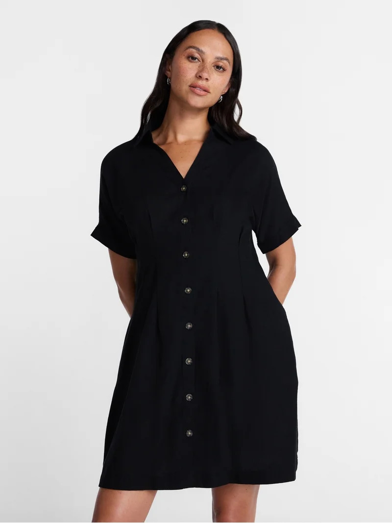 Time and Tru Women's Linen Pleated Waist Fit And Flare Mini Shirt Dress, Sizes XS-XXXL | Walmart (US)