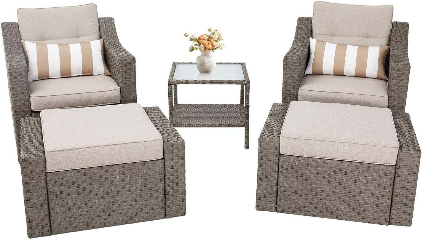 SUNCROWN 5-Piece Outdoor Conversation Set Patio Wicker Lounge Chairs with Ottomans, Neutral Beige | Walmart (US)