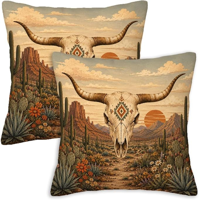 Firmiso Longhorn Skull Throw Pillow Covers 18x18 Set of 2, Western Cow Skull Desert Sunset Decora... | Amazon (US)