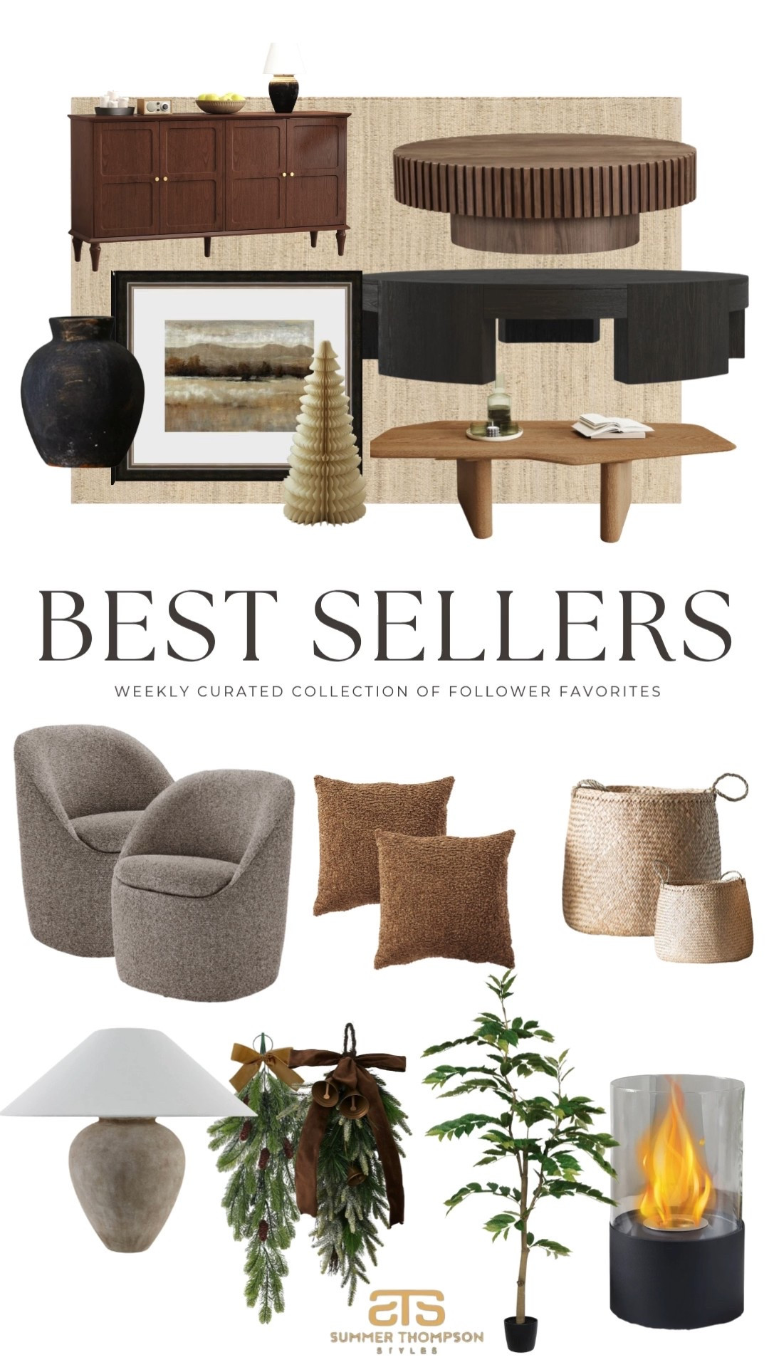 Your weekly best-seller roundup warm neutrals mixed with subtle holiday accents.

Wood sideboard. Round coffee table. Black console. Sculptural chairs. Textured pillows. Woven baskets. Ceramic lamp. Holiday greenery. Ribboned swags. Faux tree. Tabletop fire feature.

#HomeFavorites #CozyHomeStyle #NeutralDecor #LTKBestSellers

#LTKHoliday #LTKHome