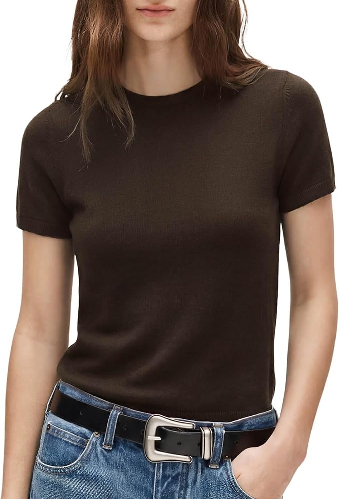 SUUKSESS Women Silk Cashmere Blend Crew Neck Short Sleeve Sweaters Casual Blouse | Amazon (US)