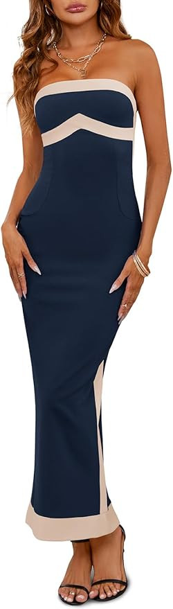 Fisoew Womens Strapless Bodycon Dress Sexy Contrast Color Off Shoulder Party Tube Maxi Dresses | Amazon (US)
