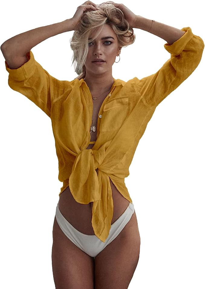 Zoye Chen Women’s Bikini Swimsuit Cover Up Button Down V Neck Shirts Long Sleeve Blouse Beachwe... | Amazon (US)