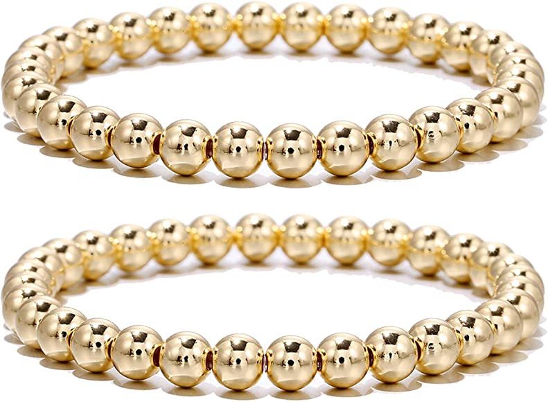 YBMYCM 14K Gold Plated Beaded Bracelets Letter Stretch Dainty Stackable Bracelet for Women Girls | Amazon (US)