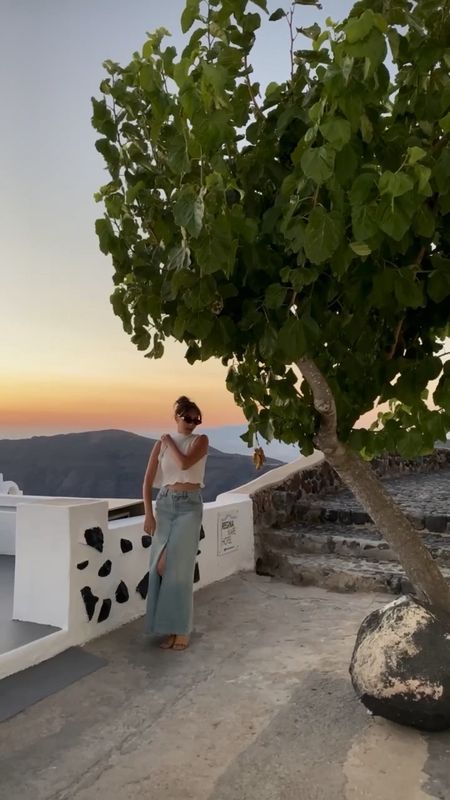 Santorini Outfits, Santorini Sunset, Summer Outfit, Vacation Outfit Inspo, Greece Outfit, Holiday Wardrobe, 90s Style, Maxi Denim Skirt, Ruffled Sleeveless  Top, White Top, Neutral Outfit, Casual Outfit 

#LTKSeasonal #LTKeurope #LTKstyletip