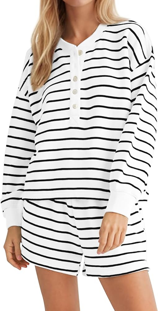Women Striped 2 Piece Lounge Sets Casual Button Long Sleeve Sweatshirt Shorts Pajama Sets Loose Shorts Set Loungewear White, X-Large | Amazon (US)