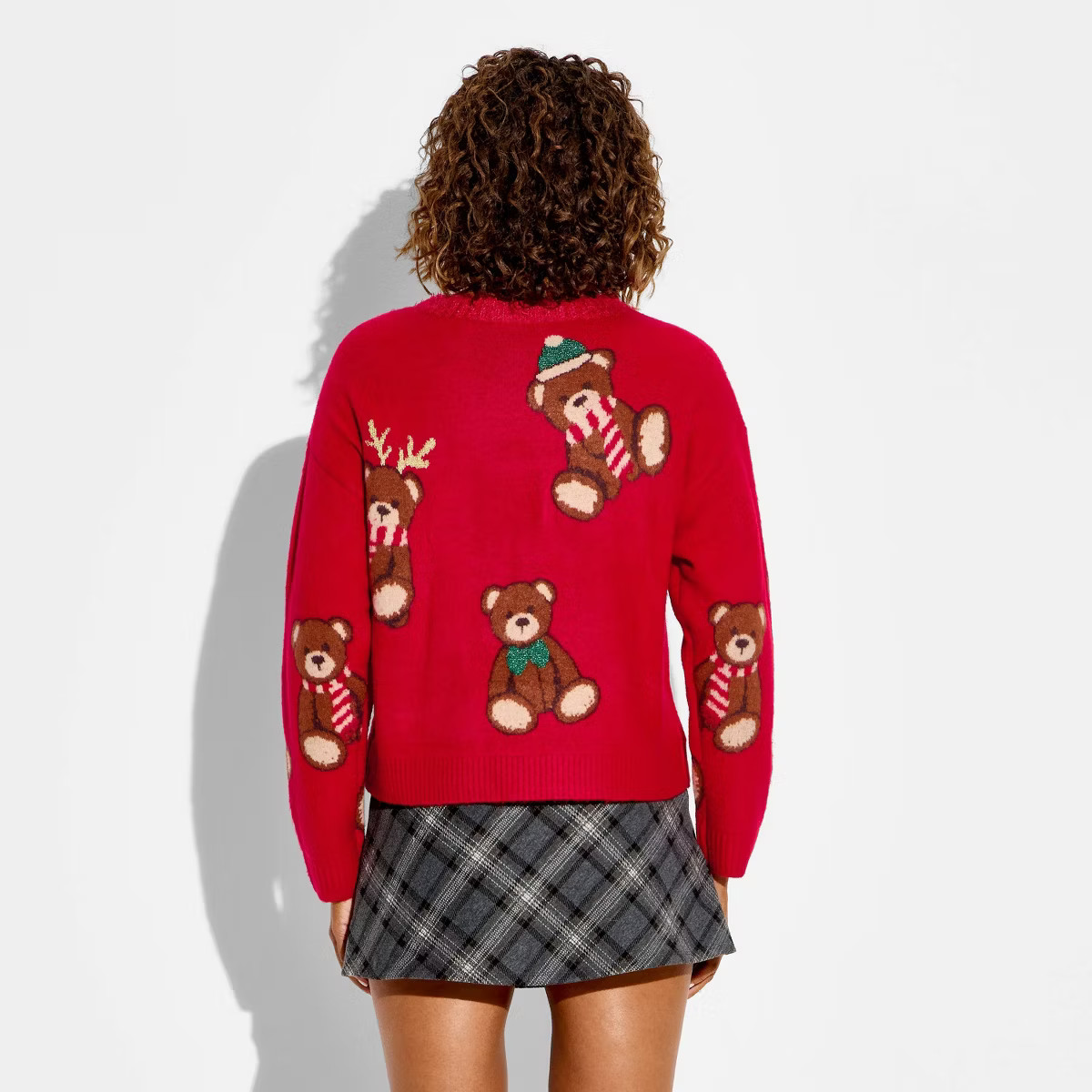 Women's Teddy Bear Print Festive Graphic Sweater - Red | Target