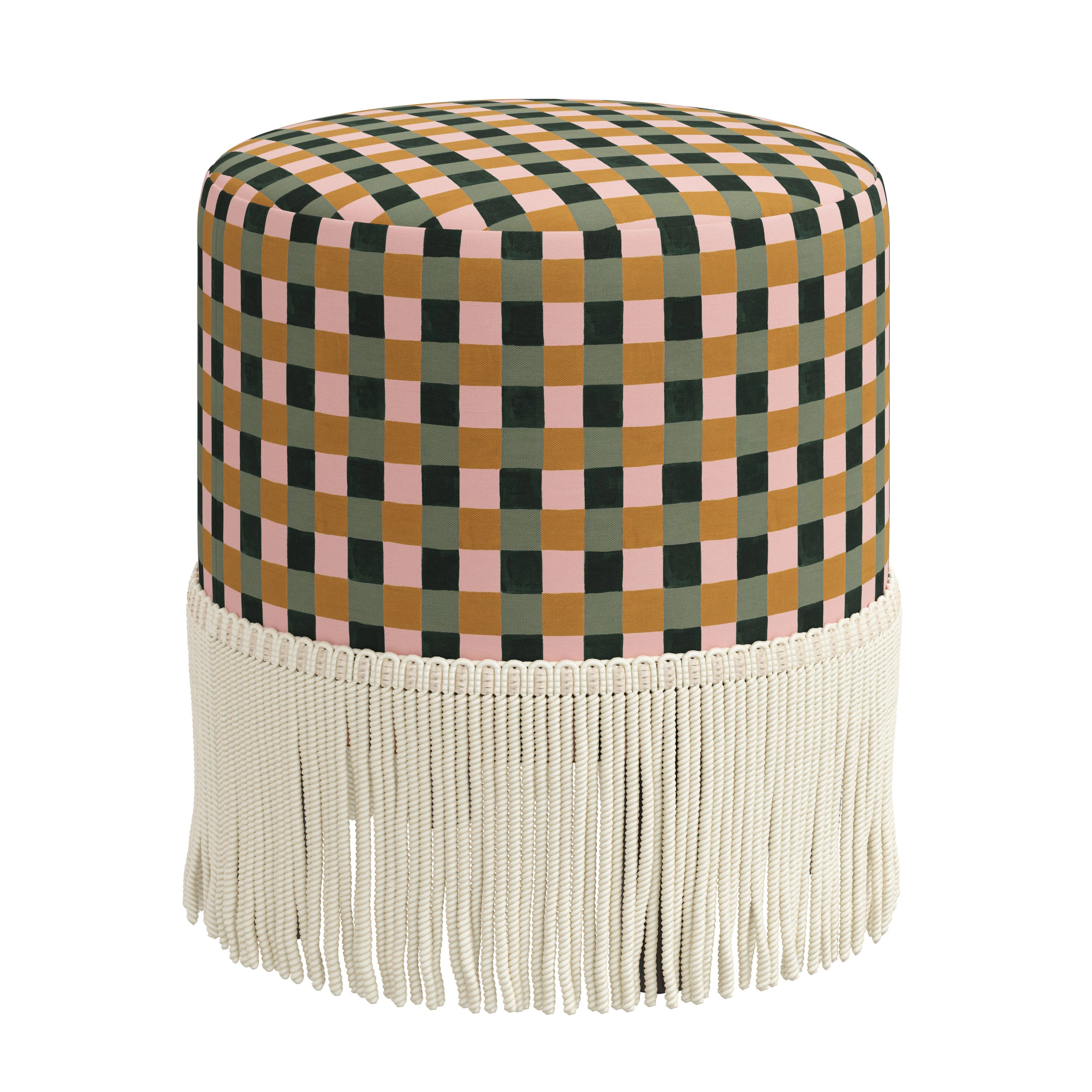 Pierre Fringe Ottoman In Painted Check Plaid Sage Oga | Wayfair North America