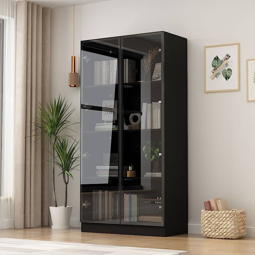 DiDuGo Glass Display Cabinet with Glass Doors and Lights, Display Cabinet with 4-Tier Shelves, Po... | Amazon (US)