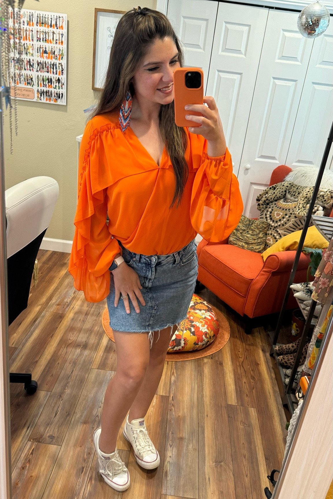 Church fit of the day 🧡💙🤍 

Mini-Skirt, old @target
Orange Bodysuit, old @versona
Tribal earrings, old @earthbound 

Tagging a few, cute options to re-create this look. 
#churchoutfit #ootdinsp #LTKInspo

#LTKSeasonal