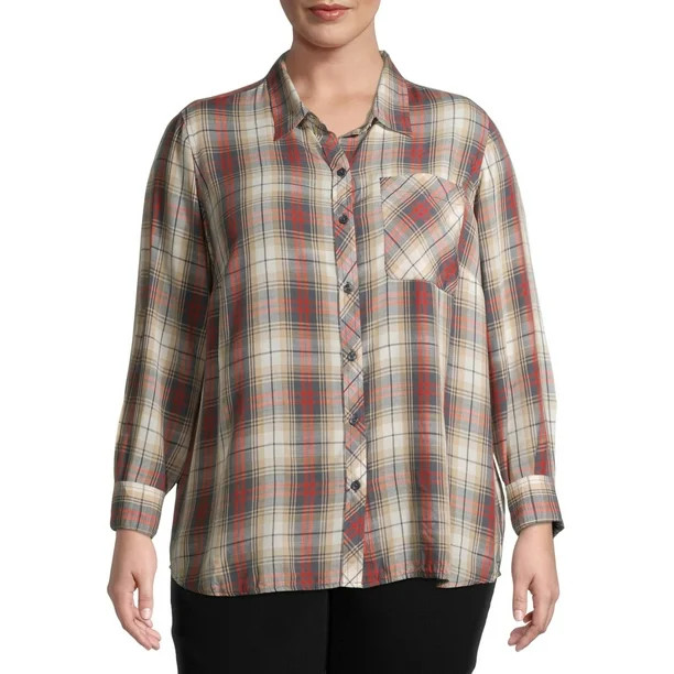 Terra & Sky Women's Plus Size Plaid Pocket Button Down Shirt | Walmart (US)