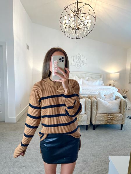 abercrombie striped sweater (I sized up one but didn’t need to! it’s very oversized)
abercrombie faux leather skort (tts, xs)

#LTKSale #LTKunder100 #LTKstyletip