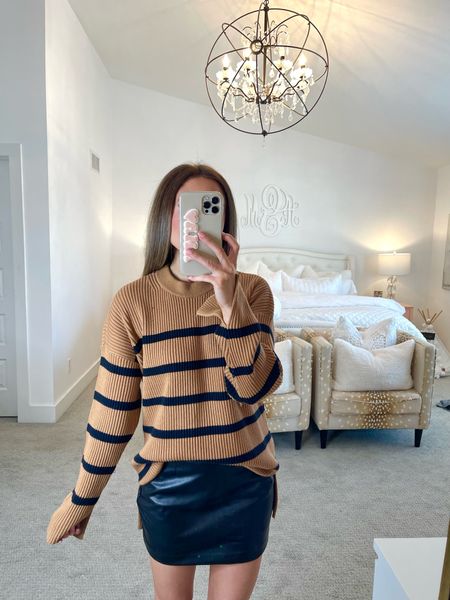 abercrombie striped sweater (I sized up one but didn’t need to! it’s very oversized)
abercrombie faux leather skort (tts, xs)

#LTKSale #LTKunder100 #LTKstyletip