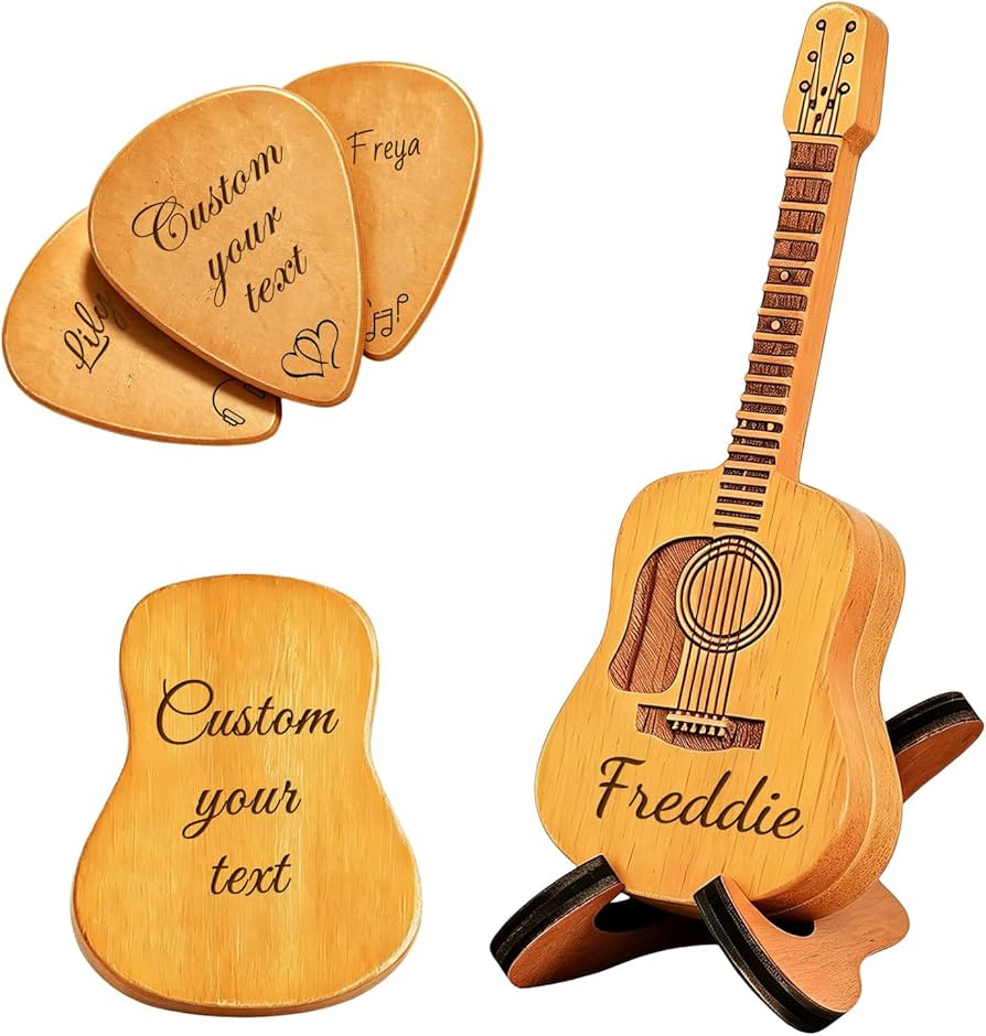 Personalized Wooden Guitar Pick Box with 3 Engraved Picks Custom Guitar Pick Holder Case Unique M... | Amazon (US)