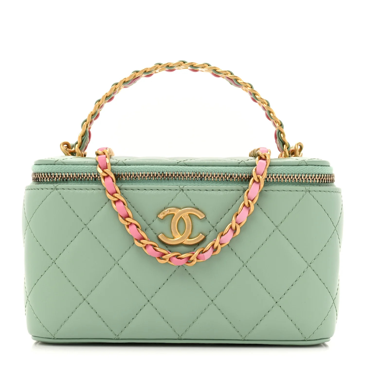 CHANEL Shiny Calfskin Quilted Small Top Handle Vanity Case With Chain Light Green | FASHIONPHILE | FASHIONPHILE (US)