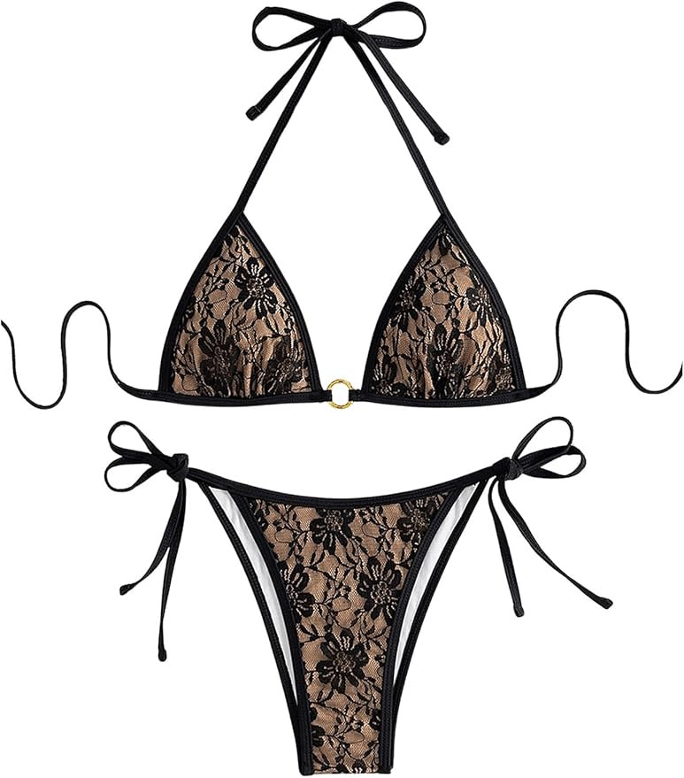 GORGLITTER Women's Floral Lace Swimsuits High Cut Thong String Halter Bikini Set Bathing Suit | Amazon (US)