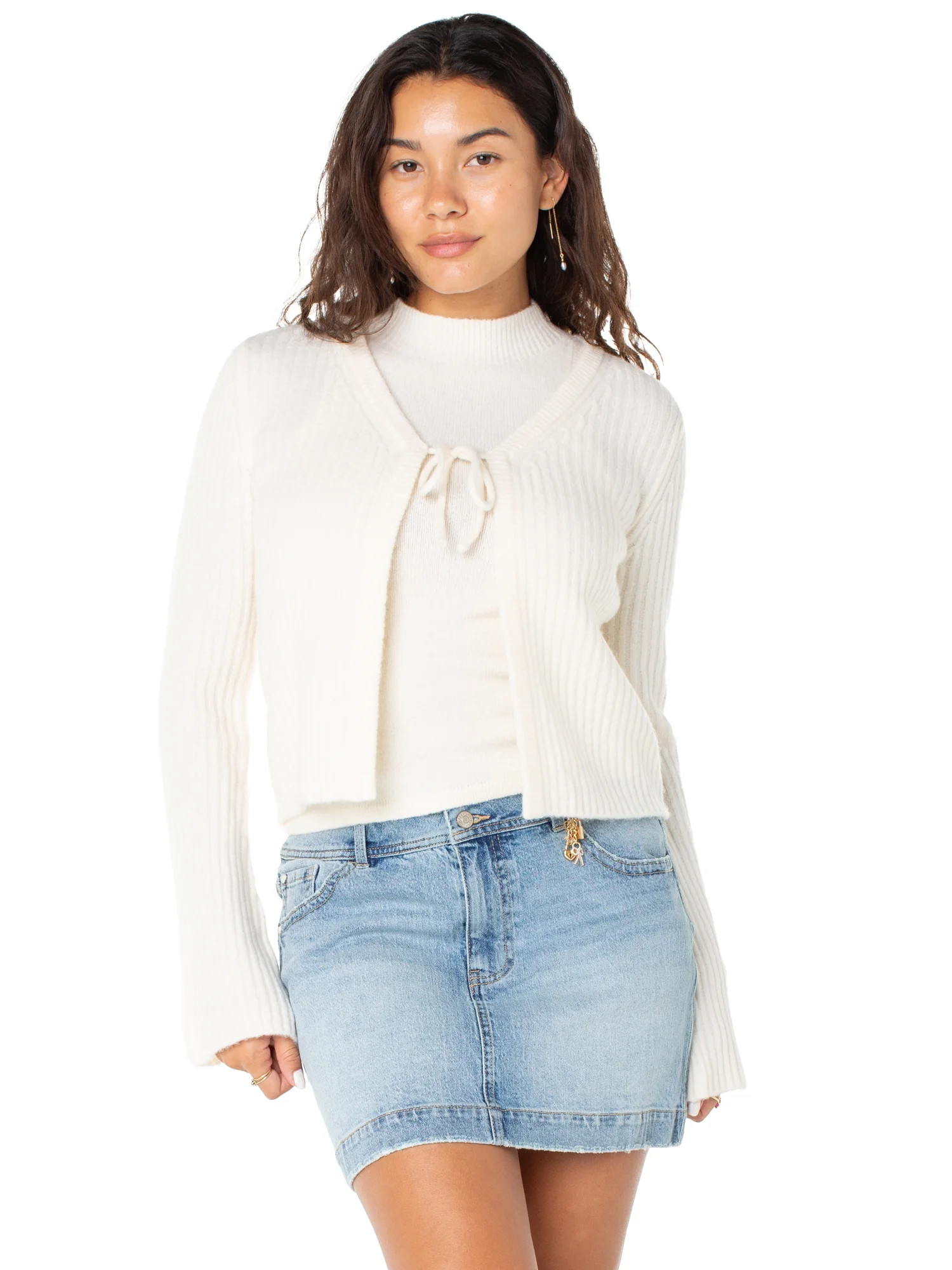 Celebrity Pink Women's 2 Piece Sweater Set Sleeveless Mockneck with Tie Front Cardigan, Sizes XS-... | Walmart (US)