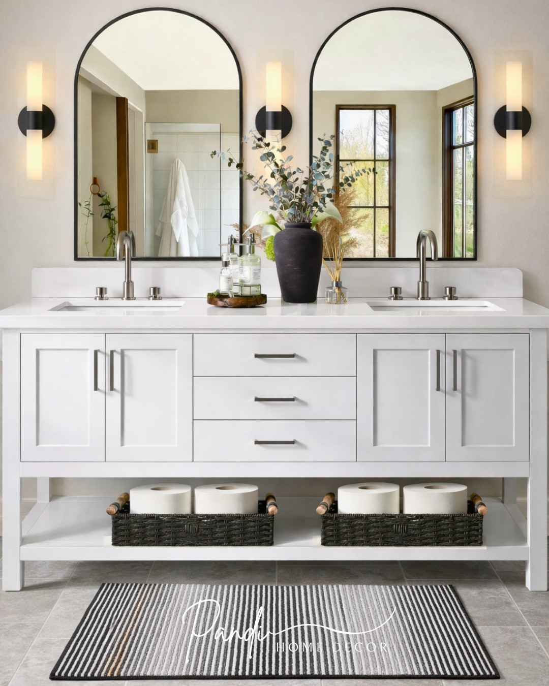 A clean double vanity with modern mirrors makes the bathroom feel bright, organized, and stylish 🤍 Simple lines, soft lighting, and neutral accents create a calm spa-like look.
#BathroomVanity #DoubleVanity #BathroomDecor #VanityMirror #BathroomLighting #StorageBaskets #BathroomInspo #ModernBathroom #HomeDecor 

 #LTKHome