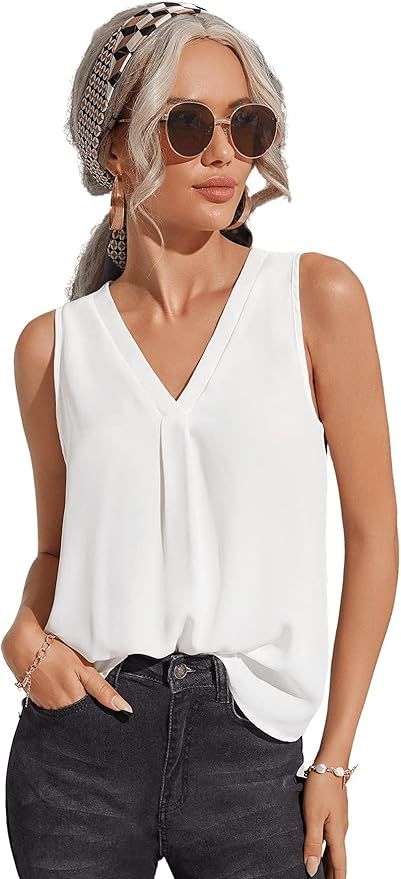 Milumia Women's Elegant Sleeveless V Neck Work Office Pleated Tank Top Shirt | Amazon (US)