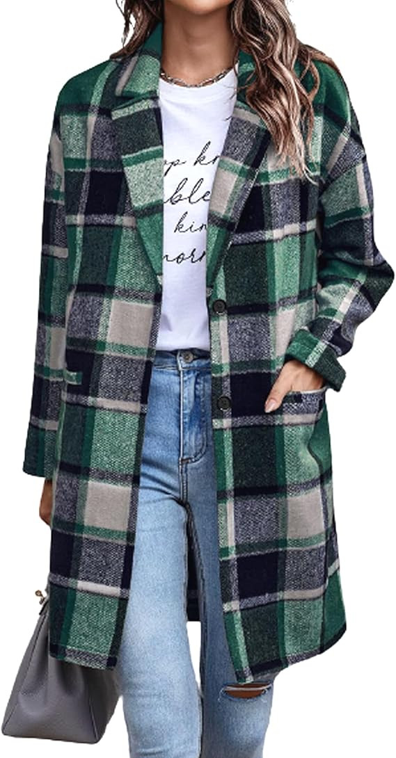 Zeagoo Women 2023 Plaid Jacket Mid Length Trench Coat Fall Wool Pea Coat with Pockets | Amazon (US)