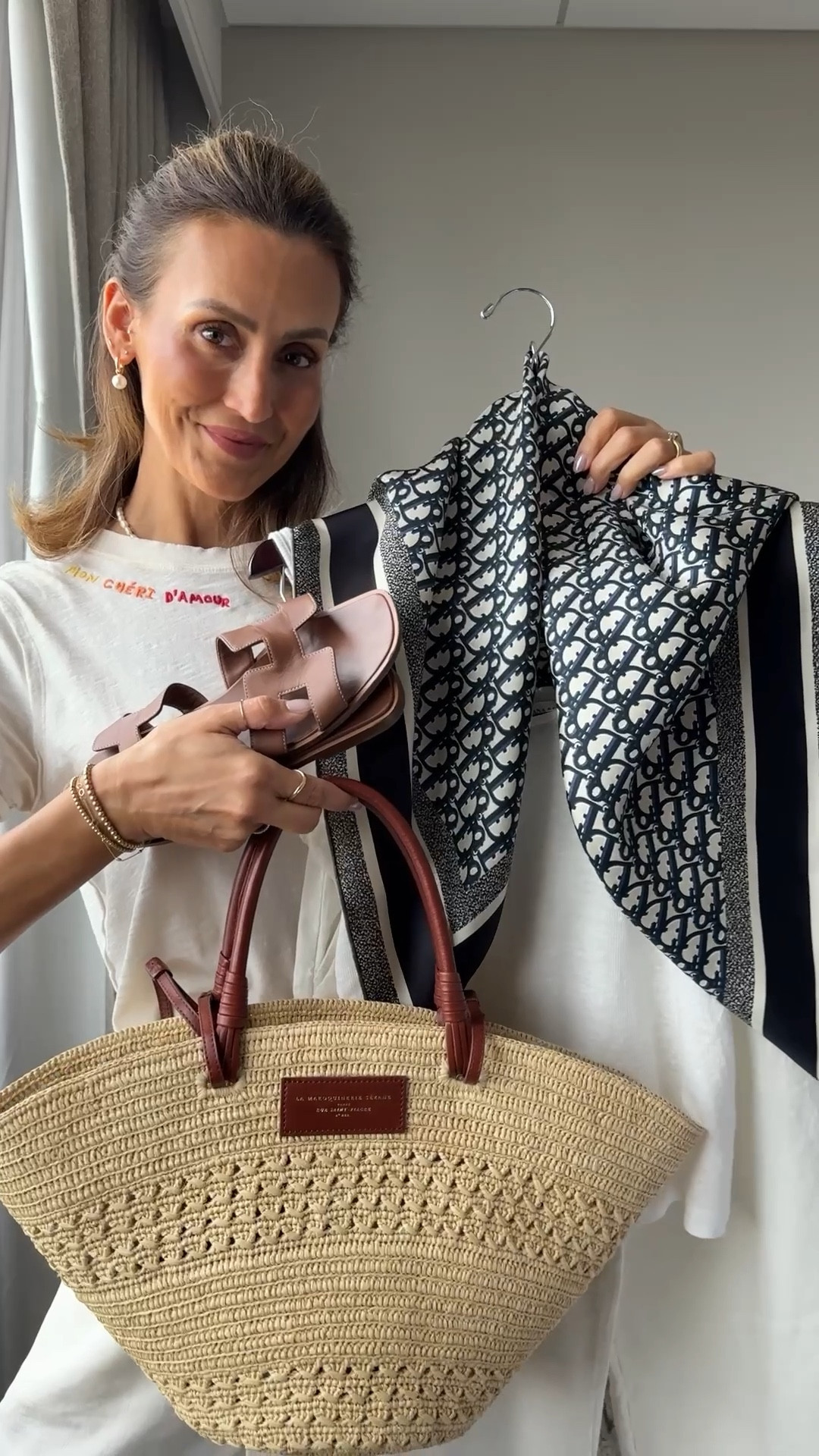 Day 2 of 5 summer silk scarf outfits 💫 with some of my favorite staples! 

Comment SCARF and I’ll send you a DM with all of the links to shop 💫 you can always check my stories for direct links, highlights or shop via link in my bio! 

Linen blend tank, linen high waisted pleated trousers, Dior silk scarf, Sezane basket bag, Hermes slide flats, silk scarf summer outfit 

#LTKStyleTip #LTKItBag #LTKFindsUnder100