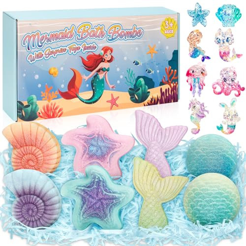 Mermaid Bath Bombs for Kids with Surprise Toys Inside, 8 Pcs Organic Natural Bubble Bath Bombs for Girls,Christmas Birthday Gift for 3 4 5 6 7 8 Year Old Girl,Princess Bath Bomb Kit with Mermaid Toys | Amazon (US)