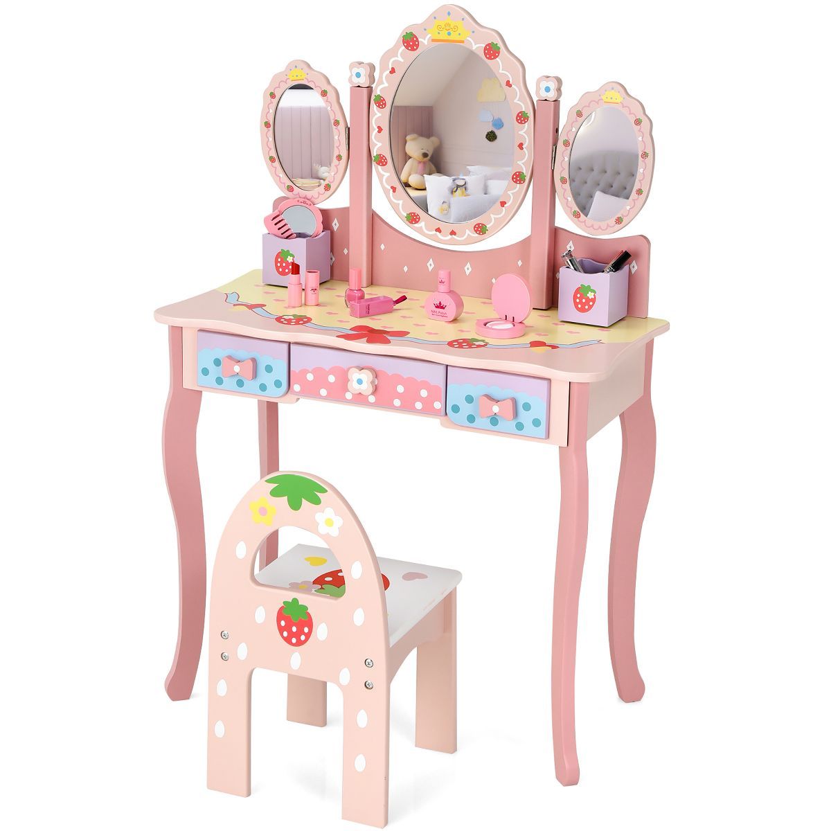 Costway Kids Vanity Princess Makeup Dressing Table Chair Set w/ Tri-fold Mirror Pink | Target