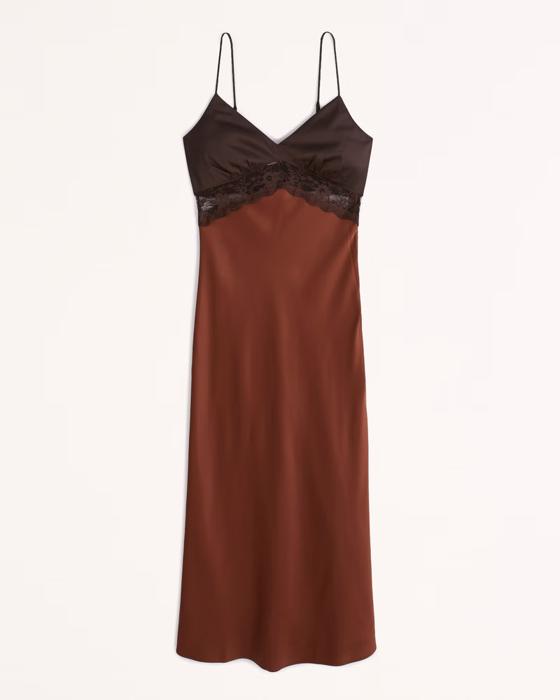 Lace and Satin Slip Midi Dress | Abercrombie & Fitch (US)