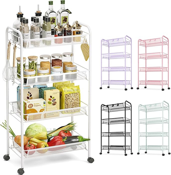 TOOLF 4-Tier Rolling Cart, Metal Utility Cart with 3 Hooks, Easy Assemble Mobile Storage Trolley ... | Amazon (US)