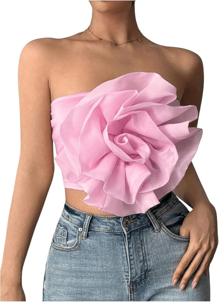 SHENHE Women's Elegant 3D Flower Crop Tube Top Strapless Bandeau Going Out Party Tops | Amazon (US)