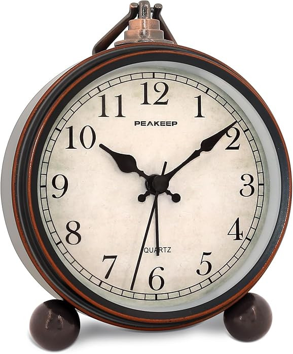 Peakeep 4" Small Battery Operated Antique Retro Analog Alarm Clock with Contour Lines in Gold for... | Amazon (US)