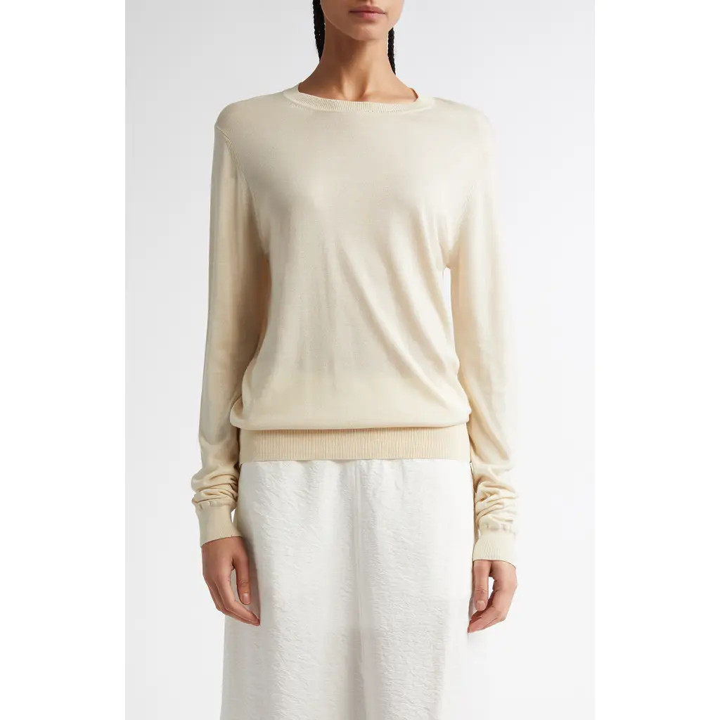 TOTEME Fine Silk & Cupro Crewneck Sweater in Ecru at Nordstrom, Size X-Large | Nordstrom