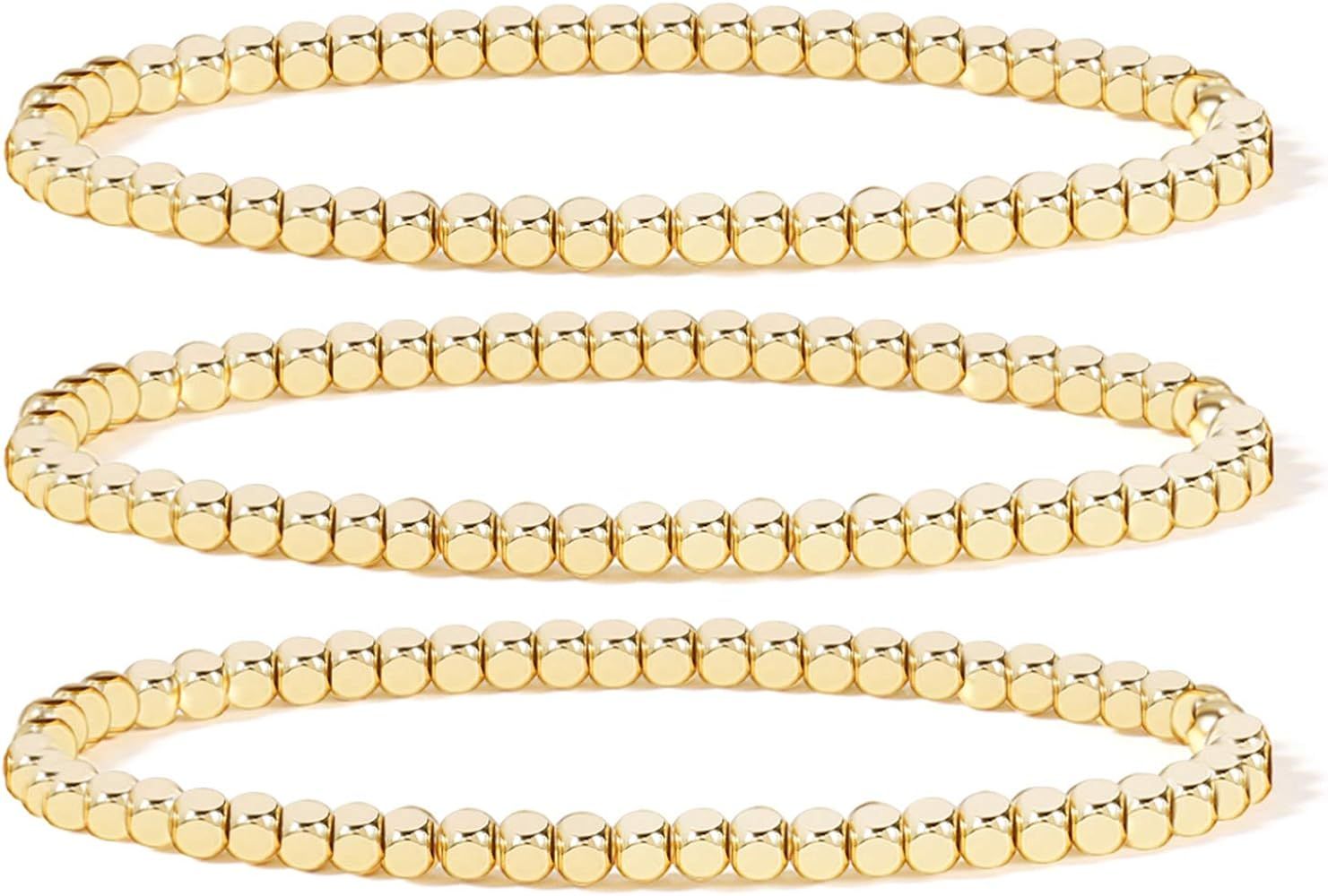 14K Gold Plated Bead Ball Bracelet Stretchable Elastic Gold Beaded Bracelets for Women | Amazon (US)