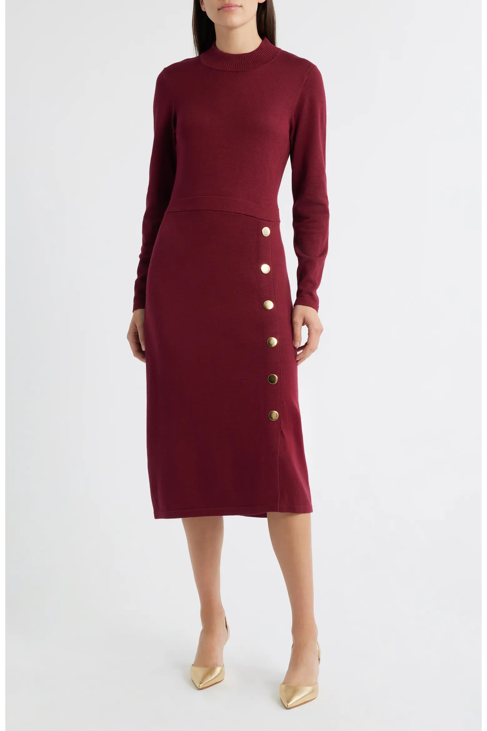 Button Mock Neck Long Sleeve Midi Dress (Women) | Nordstrom | Nordstrom