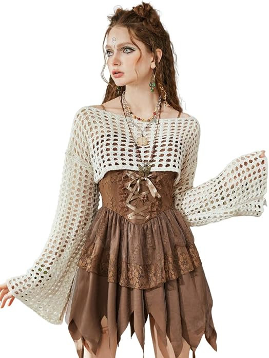 WDIRARA Women's Crochet Crop Tops Hollow Out Knit Shrugs | Amazon (US)