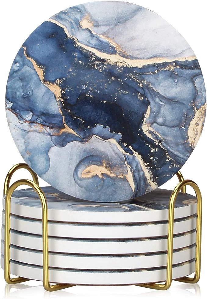 DKSYEE Navy Blue Marble Abstract Ceramic Coasters with Holder Absorbent Drink Coasters Round Deco... | Amazon (US)