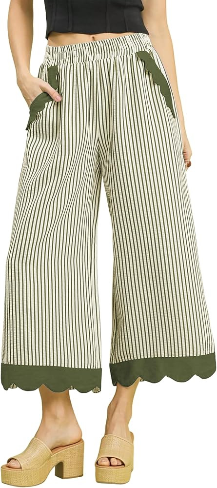 Faleave Women's Striped Wide Leg Cropped Pants Elastic Waist Scalloped Hem Casual Trousers with P... | Amazon (US)