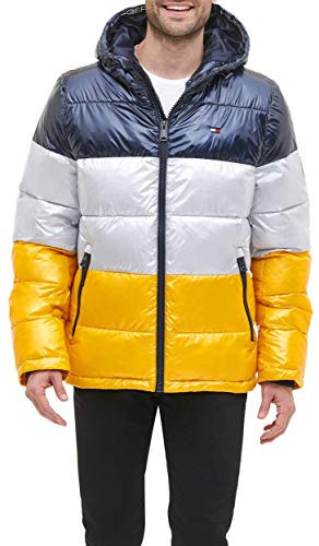 Tommy Hilfiger Men's Classic Hooded Puffer Jacket (Standard and Big & Tall), Pearlized Yellow/Navy, Medium | Amazon (US)