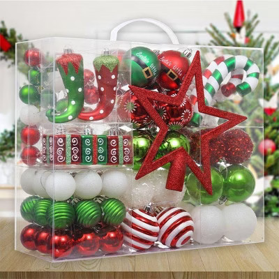 100pc Mega Elf Christmas Ornament Bundle Set, Assorted Baubles of Greens, Reds, Candycanes, and Gift Boxes| OrnamentallyYou | Target