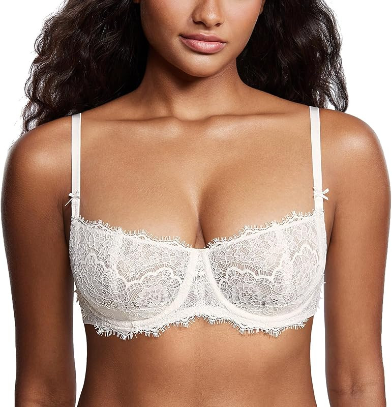 DOBREVA Women's Sexy Lace Push Up Plus Size Bra Sheer Balconette Underwire Unlined | Amazon (US)