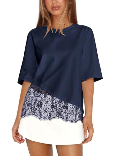 Womens Patchwork T Shirt with Lace Overlay Tops | Amazon (US)