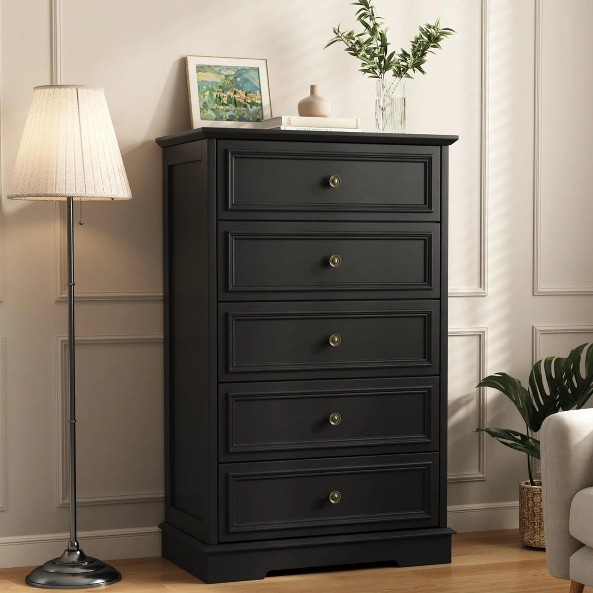 Valera 27.5'' W Vintage 5-Drawer Dresser with Bronze-Colored Handles - Black | Wayfair North America