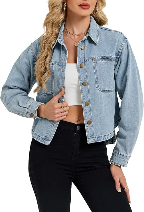 Denim Jacket Women Long Sleeve Cropped Jean Shirt Jackets Lightweight Button Down Casual Shacket ... | Amazon (US)