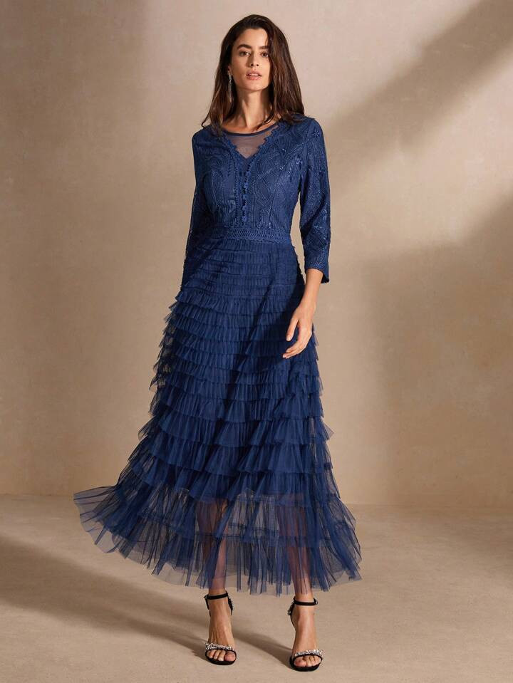 Anewsta Exquisite Elegant Lace Patchwork Light Blue Women's Semi-Formal A-Line Dress Maxi Women O... | SHEIN