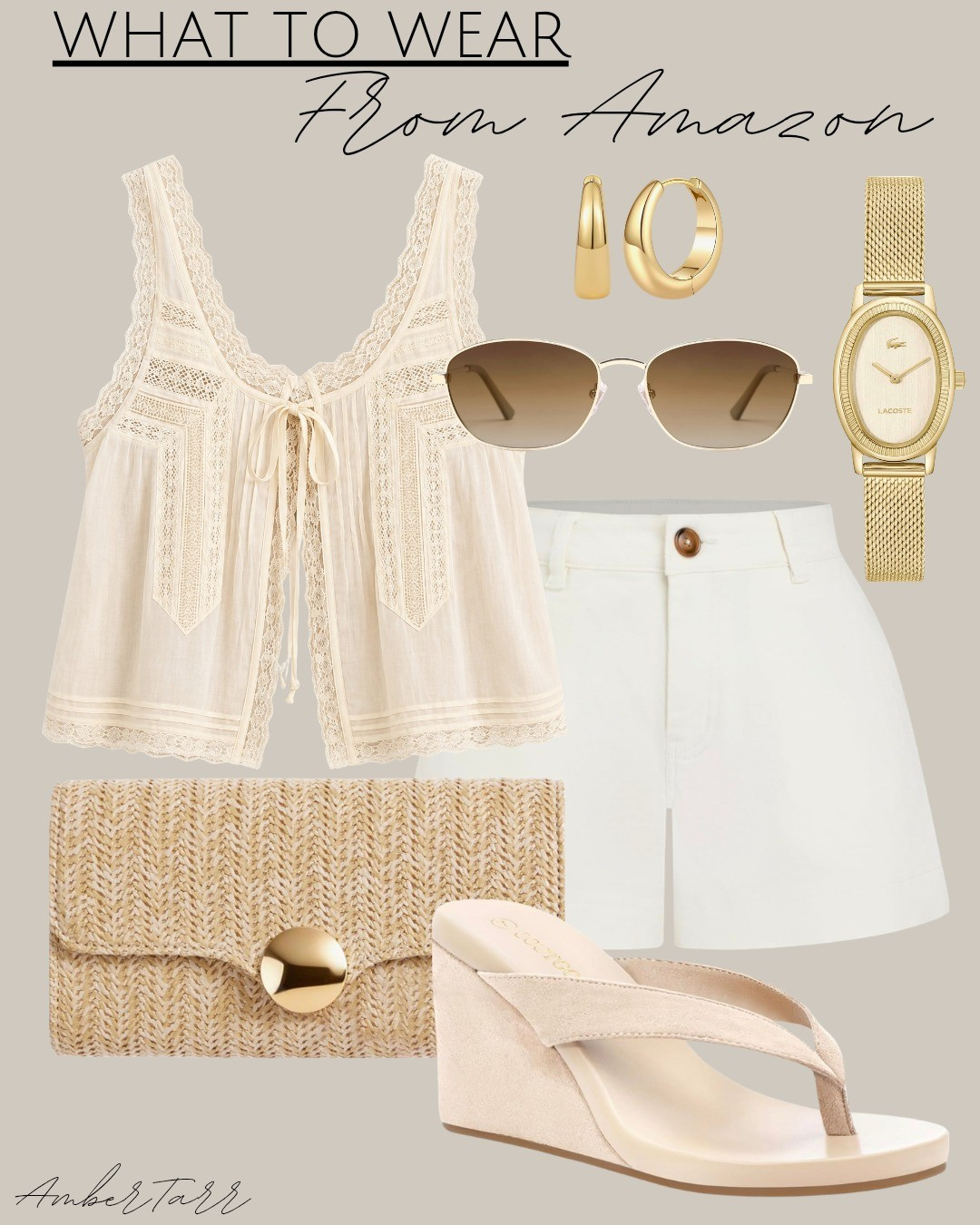 This cream lace trim tie front top from Amazon paired with white shorts, a woven rattan clutch, cream wedge sandals, gold aviator sunglasses, gold hoop earrings, and a dainty gold watch is such a cute and casual summer outfit that feels effortlessly put together. Perfect for a beach day, vacation, or any warm weather occasion where you want to look chic without trying too hard.

#LTKootd #LTKgrwm #LTKOver40