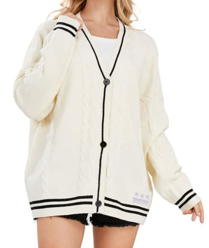 loveimgs Women's Cardigan Open Front Stars Embroideried Cable Knit Sweaters Button Down V Neck Sweater (Large, Beige) | Amazon (US)