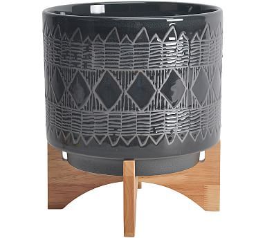 Paloma Textured Ceramic Planter on Wooden Stand | Pottery Barn (US)