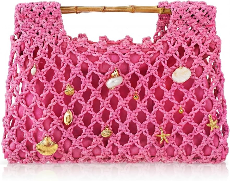 Women Crochet Woven Mesh Handbag 14" x 8" Bamboo Summer Seaside Beach Vacation Straw Tote Wedding... | Amazon (US)