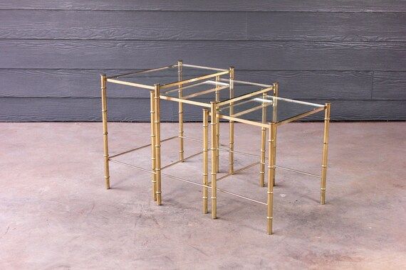 Vintage Brass Nesting Side Tables Hollywood Regency Glass Top Trio Faux Bamboo Occasional French ... | Etsy ROW